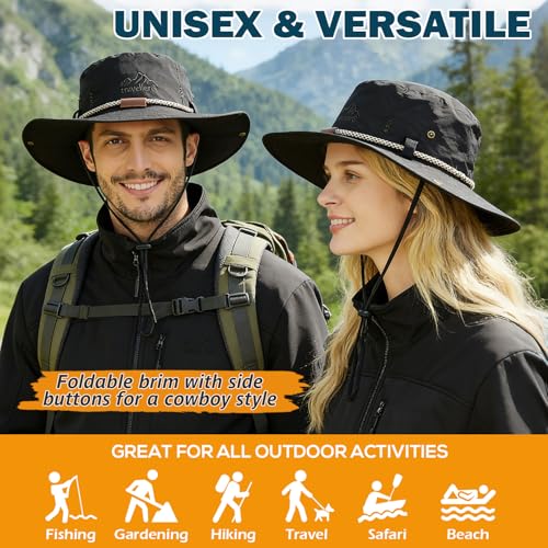 Waterproof Wide Brim Bucket Sun Hat Boonie Hat for Men & Women D Black (D Black)