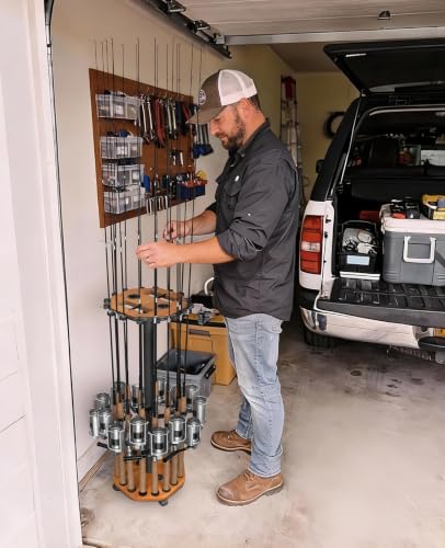 Fishing Rod Holder Pole Rack for Garage with Wheels (Red Oak Grain)