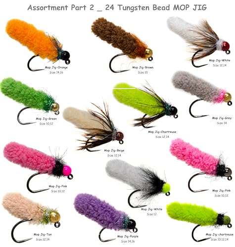 36 Premium Hand Tied Mop Flies Assortment with Waterproof Fly Box (36 Tungsten Mop Flies with Fly Box)