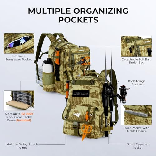 BaitSpace 50L Fishing Backpack with 4 Tackle Boxes (D: Khaki Camo / With (4) 3600 tackle boxes)