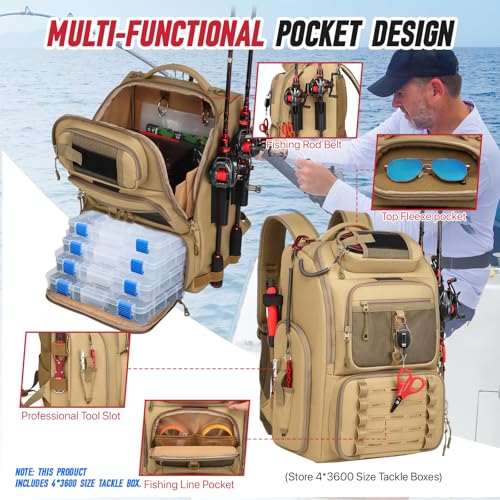 Fishing Tackle Backpack (B-Khaki with 4 Tackle Boxes)