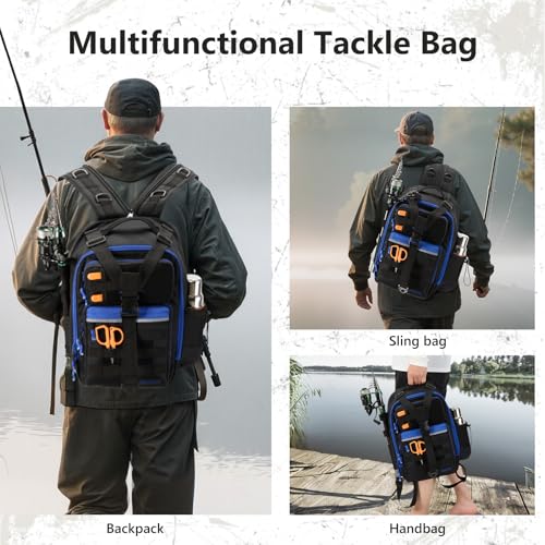 Convertible Fishing Backpack Sling Bag with Rod Holder (Black/Royal Blue / Large)