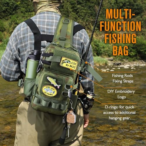 Small Fishing Backpack with Tackle Boxes Fishing Sling Bag DIY Embroidery Patches Tackle Bag Gift for Men Green (A: Fishing Tackle Backpack(green))