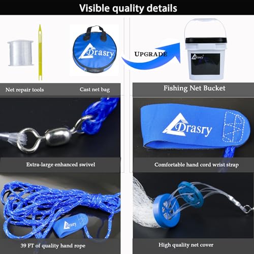3 8 Saltwater Fishing Cast Net for Bait Trap with Heavy Lead Sinkers Fish Throw Net. Size 3ft (10FT (300cm) Radius / Lead Sinkers-3/8mesh-0.3mm Mono)