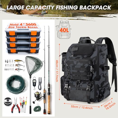 Fishing Backpack 40L Tackle Backpack with Rod Holders & Cooler (Camouflage)