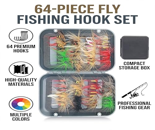 Fly Fishing Flies Nymphs for Fly Fishing Trout Lures with Magnetic Fly Box (64pcs flies kit)