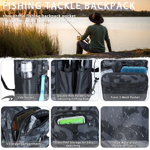Fishing Backpack with Tackle Boxes and Rod Holder (Black Camo Backpack)