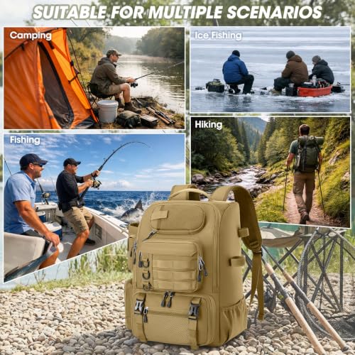 Fishing Backpack 40L Tackle Backpack with Rod Holders & Cooler (Khaki)