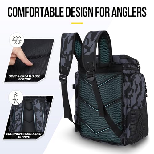 Fishing Tackle Backpack with Rod Holders (Black Camouflage.)