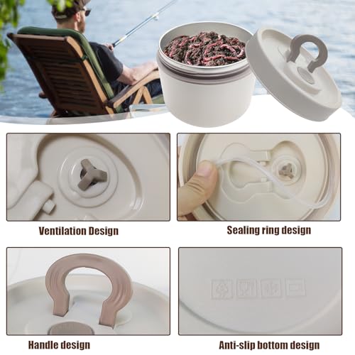 Fishing Bait Container Organizer with Handle Insulated Breathable Live Bait Box Stainless Steel Worm Storage Tank for Nightcrawlers Keeps Bait Fresh and Alive (circle 650ml)