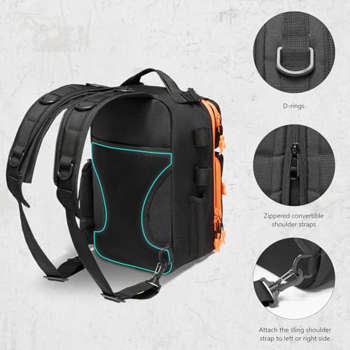Convertible Fishing Backpack Sling Bag with Rod Holder (Black/Blaze Orange / Large)
