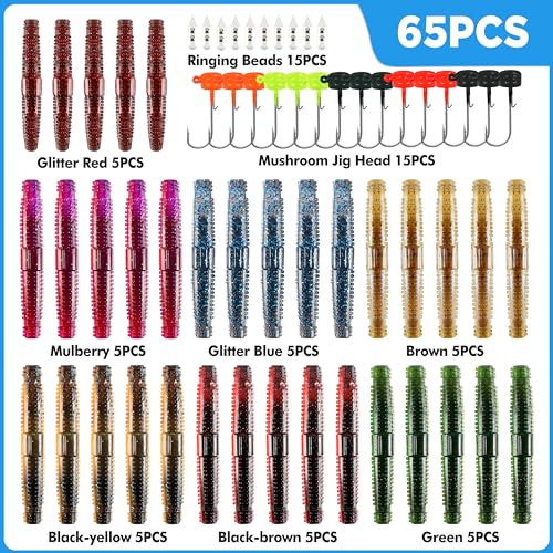 Ned Worms Bass Fishing Lure Kit (65PCS Stick Worms Ned Rig Kit)