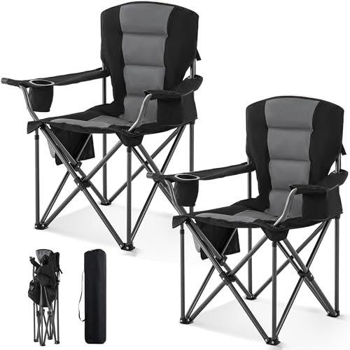 Oversized Camping Chairs for Adults 2 Pack Heavy Duty 450LBS Thick 600D Oxford Fabric Outdoor Folding Camping Chairs with Cup Holder and Ice Bag for Sports (Black & Dark Gray)
