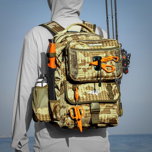 BaitSpace Fishing Backpack with Bait Binder & 2 Rod Holders (H: Khaki Camo / Without tackle box)