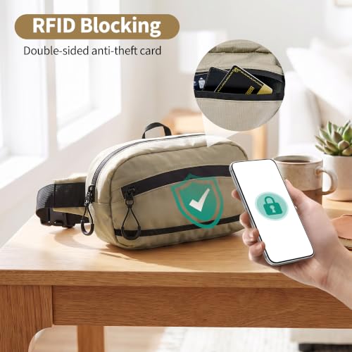RFID Blocking Fanny Packs for Women and Men Waterproof Crossbody Waist Pack (Khaki)