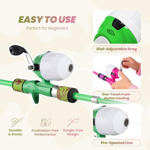 Kids Fishing Pole (Pink & Green / 3.94-ft Set + Chair + Hat)