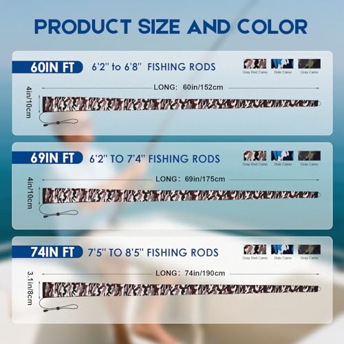Neoprene Fishing Rod Sleeve Rod Socks for Fishing Poles Protector Storage for Spinning Fishing Rod Casting Rod (60“ / 2Pcs-Gray Red Camo)
