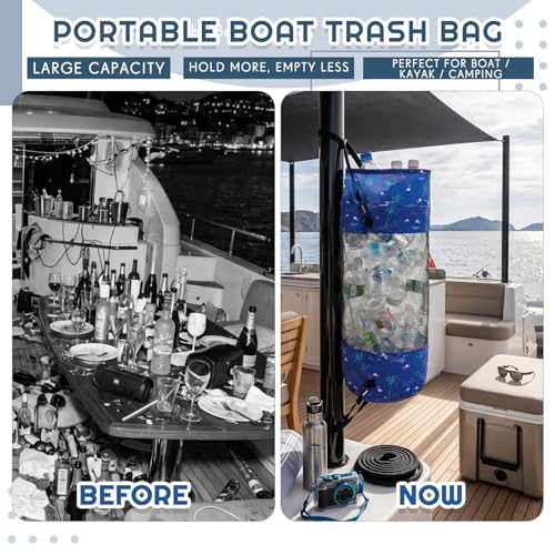 Portable Boat Trash Bag Boat Accessories Container Outdoor Medium Hoop Mesh Trash Bag Reusable Garbage Container Cabin Storage for Men Women Kayak Camper Fishing (Dark Blue / Palm Tree)