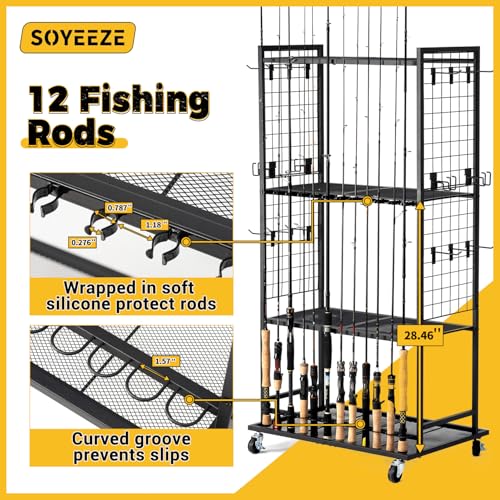 Fishing Rod Holder for 12 Rods (Black-12 Rods Upgraded / 12 Rods withDouble Mess)