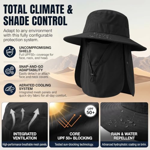 Men's Sun Hat Fishing Hat Boonie Hat UPF 50+ Wide Brim Outdoor Work Hat with Breathable Mesh & Chin Strap for Farming (Black)