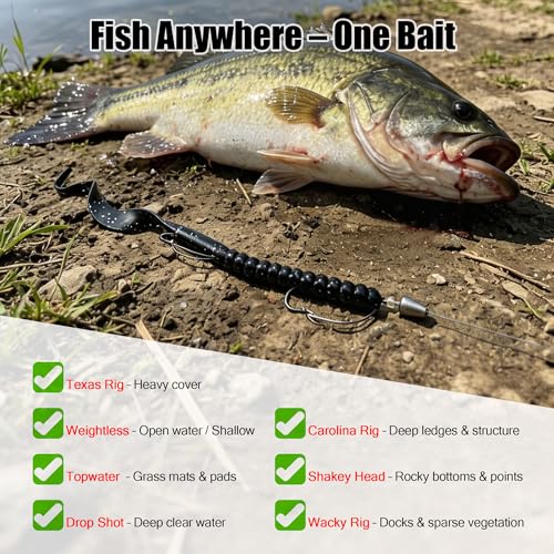Weedless Fishing Lures Bass Lures (6 Pcs - Glow White, Pumpkin Seed, Green Pumpkin, Black Blue, Junebug, Chocolate)