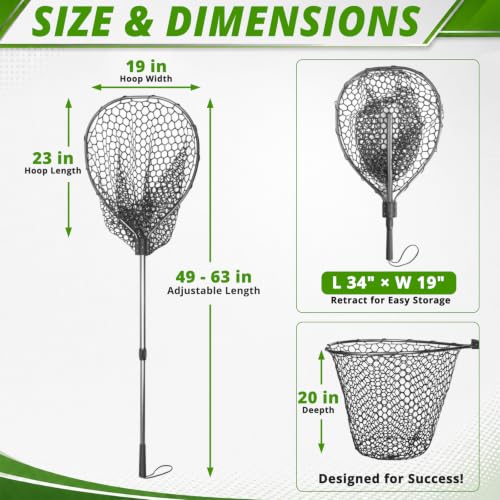 Large Fishing Landing Net with Telescopic Handle & Rubber Mesh (L, Hoop Size: 24″ x 19″)