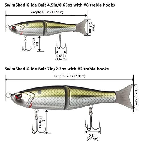 SwimShad Glide Baits Jointed Swimbait Bass Pike Salmon Trout Muskie Fishing Lure (White Shad + Threadfin + Blue Gold / 7in/2.2oz)