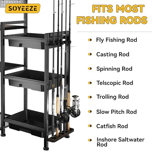 Fishing Rod Holders for Garage (Black-2042 / 10 Rods & 3 Boxes)