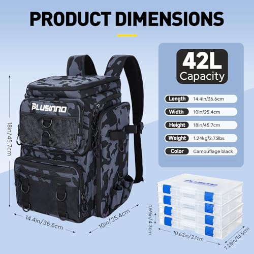 Fishing Tackle Backpack with Rod Holders (Black Camo（4 Tackle Boxes Included）)