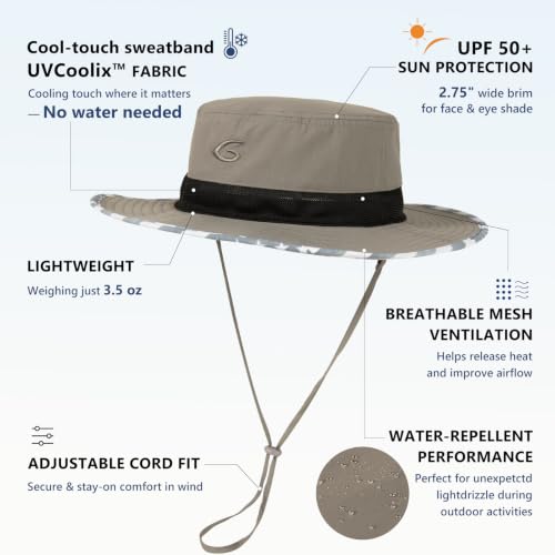 UvCoolix™ Cooling Sweatband Bucket Sun Hat Wide Brim UV Protection Lightweight Breathable Outdoor Beach Hiking for Big Heads (X-Large-XX-Large / Gray-flag)