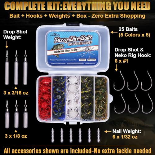 Fuzzy-Dice-Bass-Fishing-Lure-Kit-Soft-Plastic-Cube-Baits with Wacky Hooks & Nail Weights,Drop Shot Weights - Finesse Rig for Smallmouth & Largemouth Bass, FFS Optimized (12-Sided Skirted Dice Kit) (12-Sided Skirted Dice Kit)