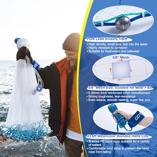 Fishing Cast Net Saltwater Freshwater (10FT Radius / A:3/8"mesh,1lb Lead Sinker)