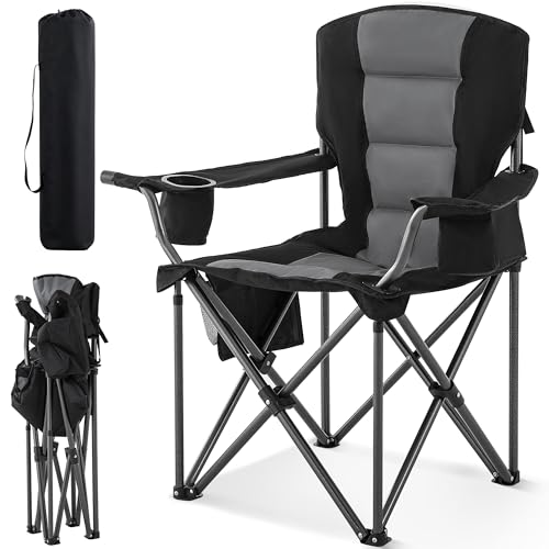Portable Padded Camping Chair for Adults Heavy Duty 450LBS Thick 600D Oxford Fabric Outdoor Oversized Camping Chairs with Cup Holder and Ice Bag for Sports