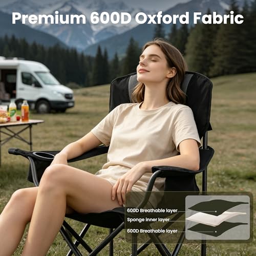 Portable Padded Camping Chair for Adults Heavy Duty 450LBS Thick 600D Oxford Fabric Outdoor Oversized Camping Chairs with Cup Holder and Ice Bag for Sports