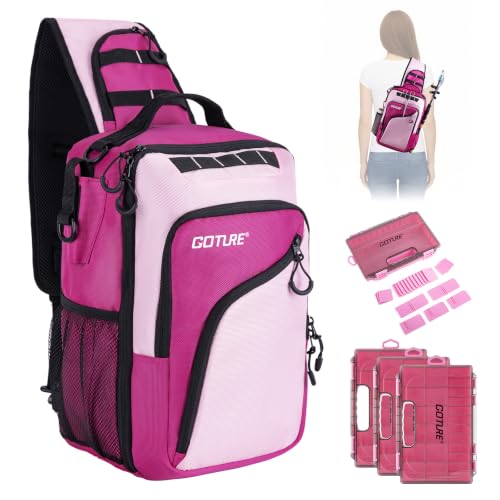 Pink Crossbody Fishing Tackle Bag w (Pink / 1680d Double-strand Pu Backpack + (3)3600 Trays)