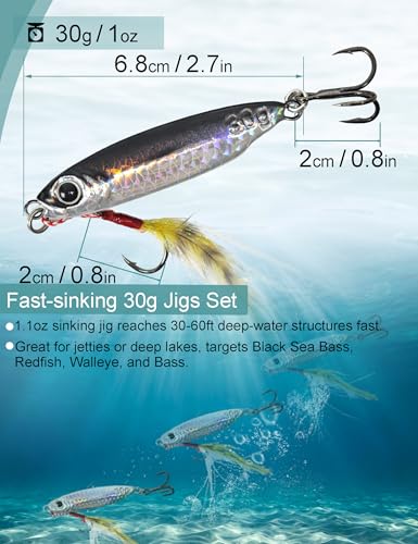 Metal Fishing Jigs Saltwater Fishing Lure 30g Jigs 1.1oz Vertical Jigging Lure 8 Pack Sinking Fishing Spoon Lure Casting Jig Vertical Jigging Spoon Lures for Bass