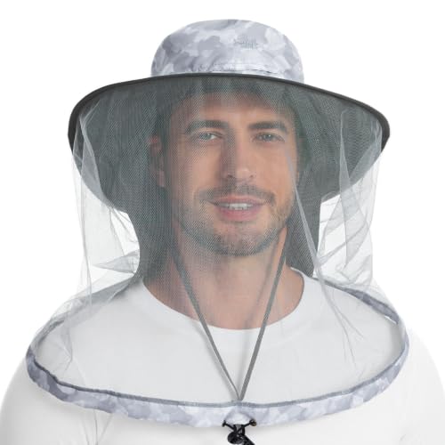 Unisex UPF 50+ Mosquito Net Hat with Neck Flap FH17 (Medium / Light Grey Camo)