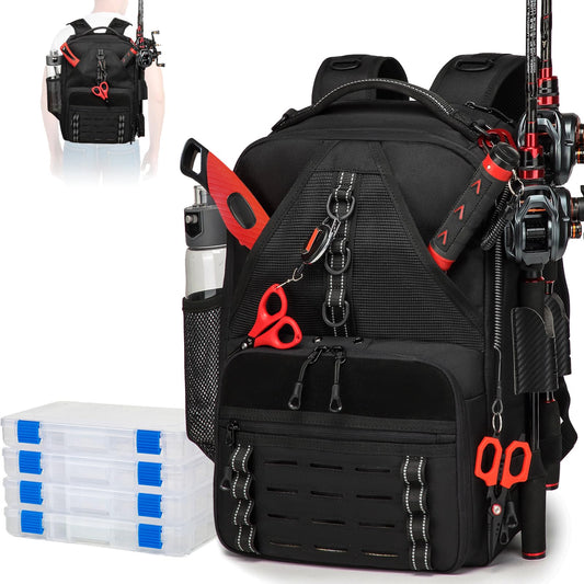 Fishing Tackle Backpack 26L with 4 Tackle Boxes 2 Rod Holders for Fishing Gears (26L + 4 Tackle Boxes)