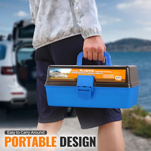 Large 3 Layers Fishing Tackle Box Lures Kit with Tackle Included (Blue)