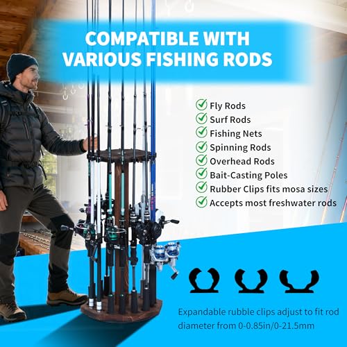 360° Rotating Natural Wood Fishing Rod Holder (Round / Brown)