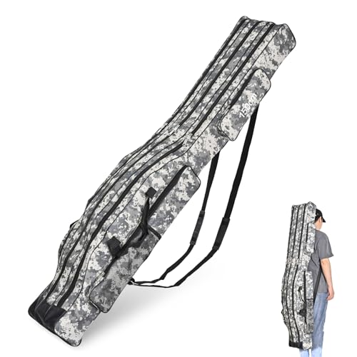 Portable 3 Layers Fishing Pole Bag Durable Oxford Folding Fishing Rod Reel Carry Case Tackle Storage Bag Case Waterproof Camouflage Travel Fishing Carrier