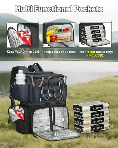 Fishing Tackle Box Backpack with 4 3600 Trays (Grey Black)