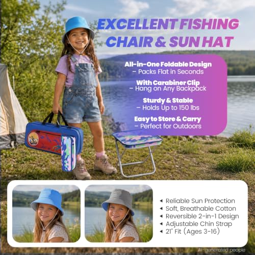 Kids Fishing Pole (Blue & Pink / 3.94-ft Set + Chair + Hat)
