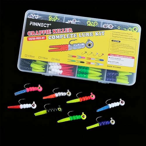 125/130-Piece Crappie Jig Lure Kit-Jig Heads, Split-Tail Grub Bait