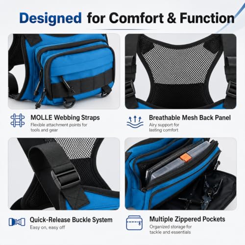 All in One Fishing Chest Pack Tackle Bag with Tackle Box (Blue)