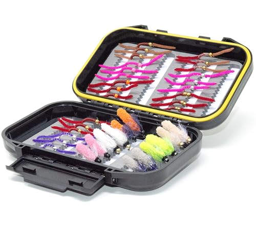 36 Mop Jig Tungsten Bead Flies and San Juan Worm Power Bead Trout Fly Assortment with Waterproof Fly Box for Wet Nymph Fly Fishing Flies (12 Mop Jig+24 San Juan Worm with Fly Box)