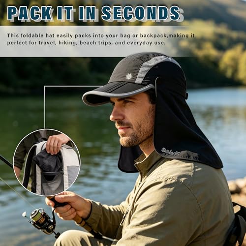 UPF 50+ Fishing Hat with Removable Neck Flap (Black)