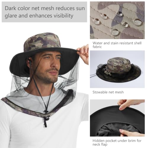 Unisex UPF 50+ Mosquito Net Hat with Neck Flap FH17 (Medium / Earth Camo)
