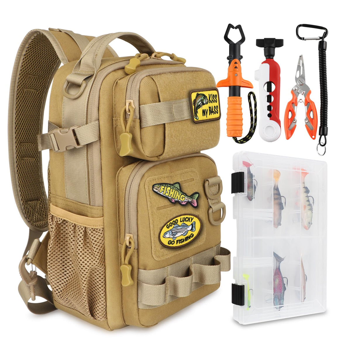 Small Fishing Backpack Fishing Sling Bag with 3600 Tackle Box Small Tackle Backpack with Tool Set Khaki (B: Fishing Tackle Backpack With Tool Set(khaki）)