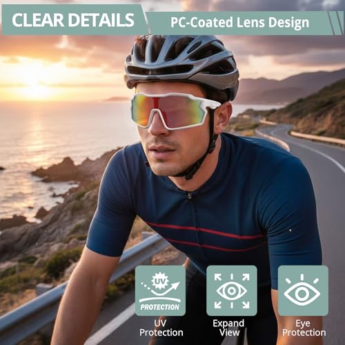 Sports Sunglasses for Men Women Wrap Around UV400 Protection (White)
